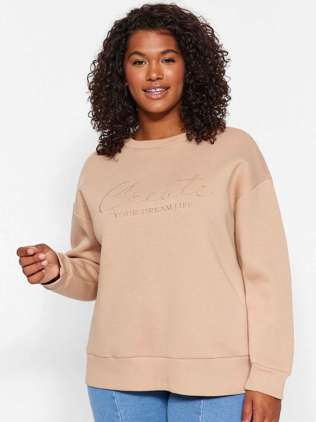 

Trendyol Plus Size Typography Embroidered Round Neck Pullover Sweatshirt, Beige