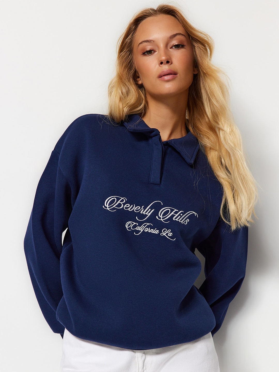 

Trendyol Typography Printed Cotton Sweatshirt, Navy blue