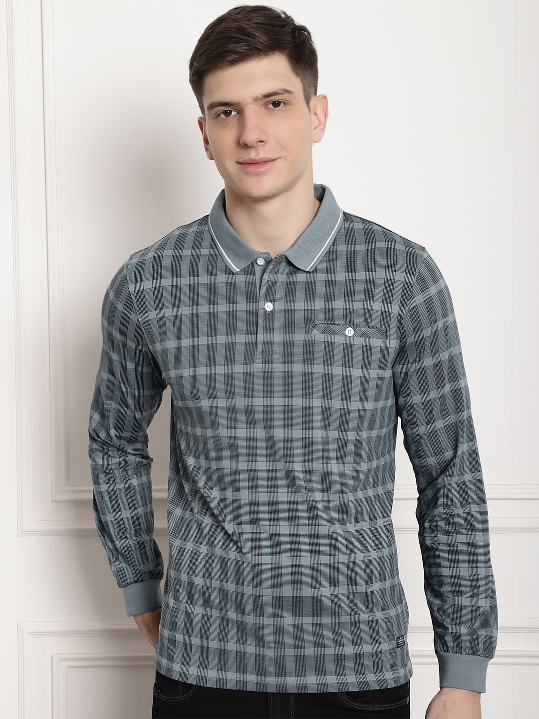 

CONFIDENCE Checked Polo Collar Long Sleeves Slim Fit Cotton T-shirt, Grey