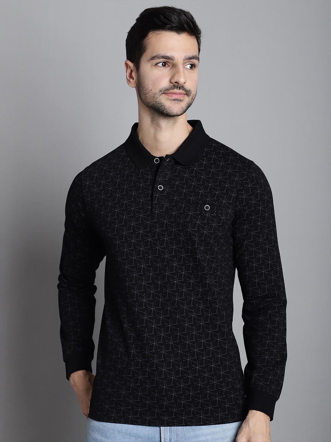 

CONFIDENCE Micro Disty Printed Polo Collar Slim Fit Cotton T-shirt, Black