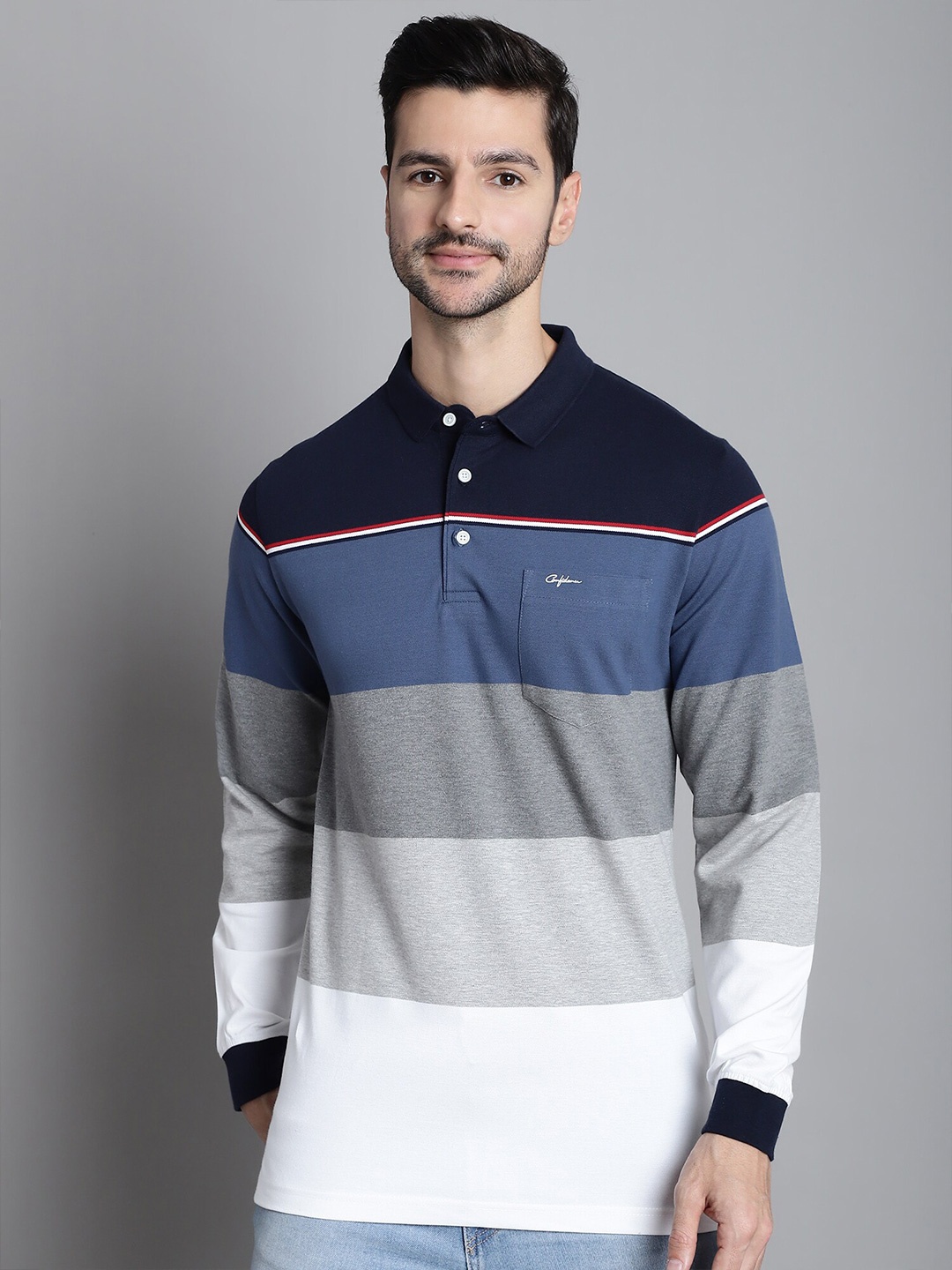 

CONFIDENCE Colourblocked Polo Collar Cotton T-shirt, Navy blue