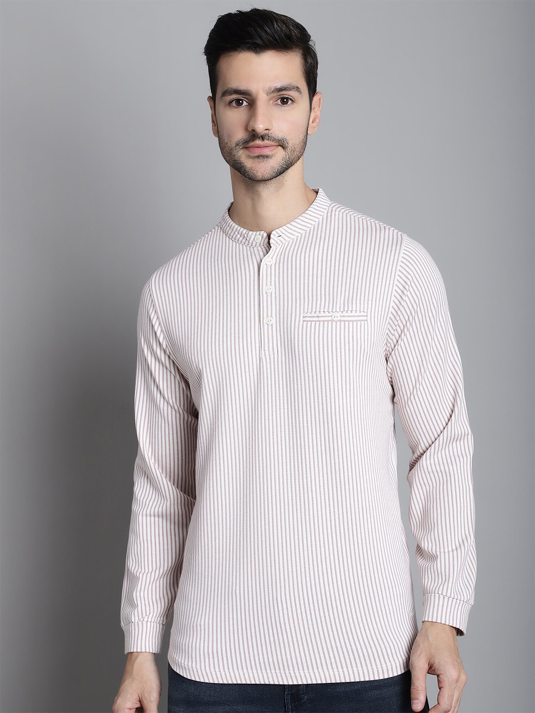 

CONFIDENCE Striped Mandarin Collar Cotton T-shirt, Peach