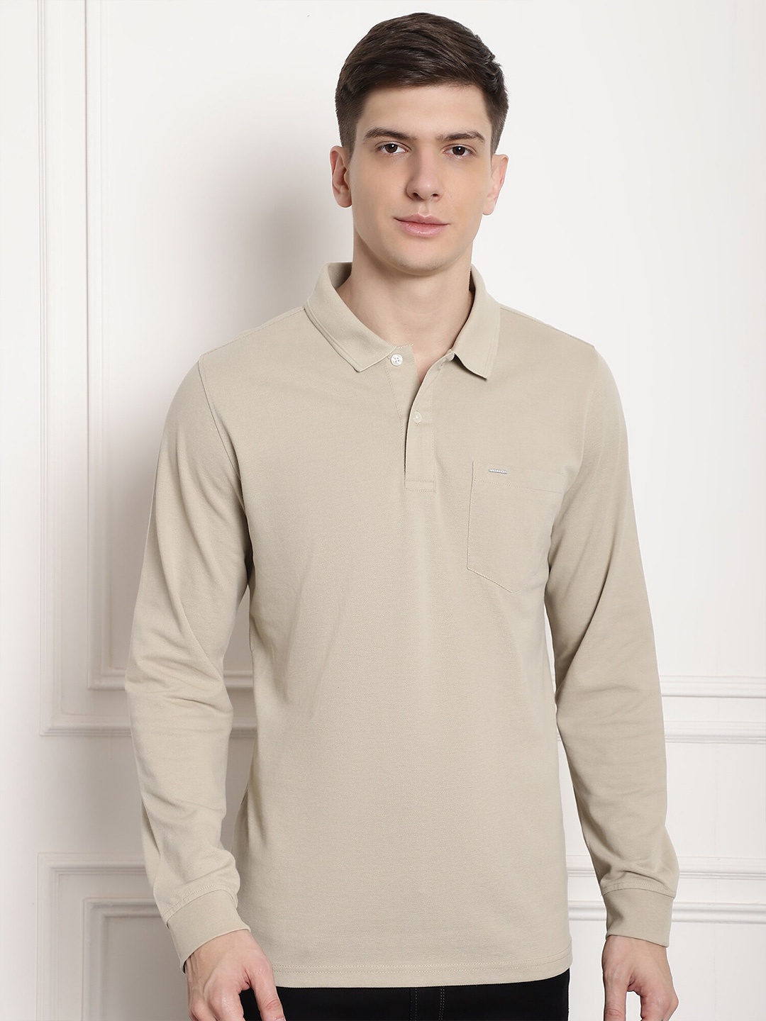 

CONFIDENCE Polo Collar Long Sleeves Cotton T-shirt, Beige