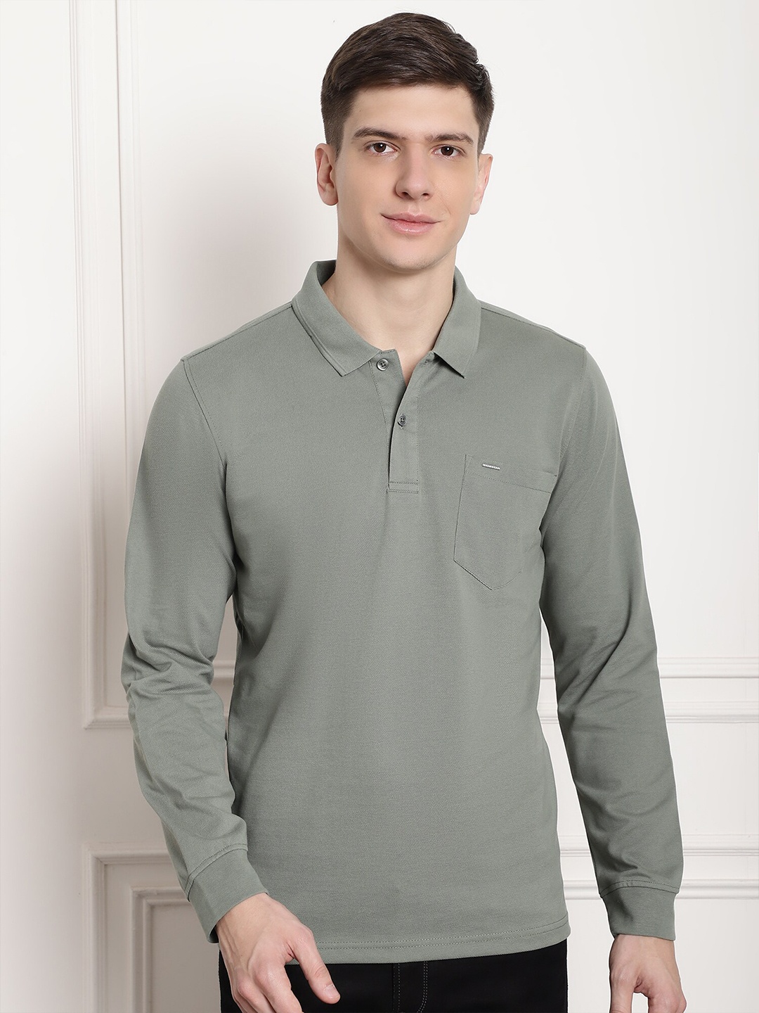 

CONFIDENCE Polo Collar Long Sleeves Cotton T-shirt, Green