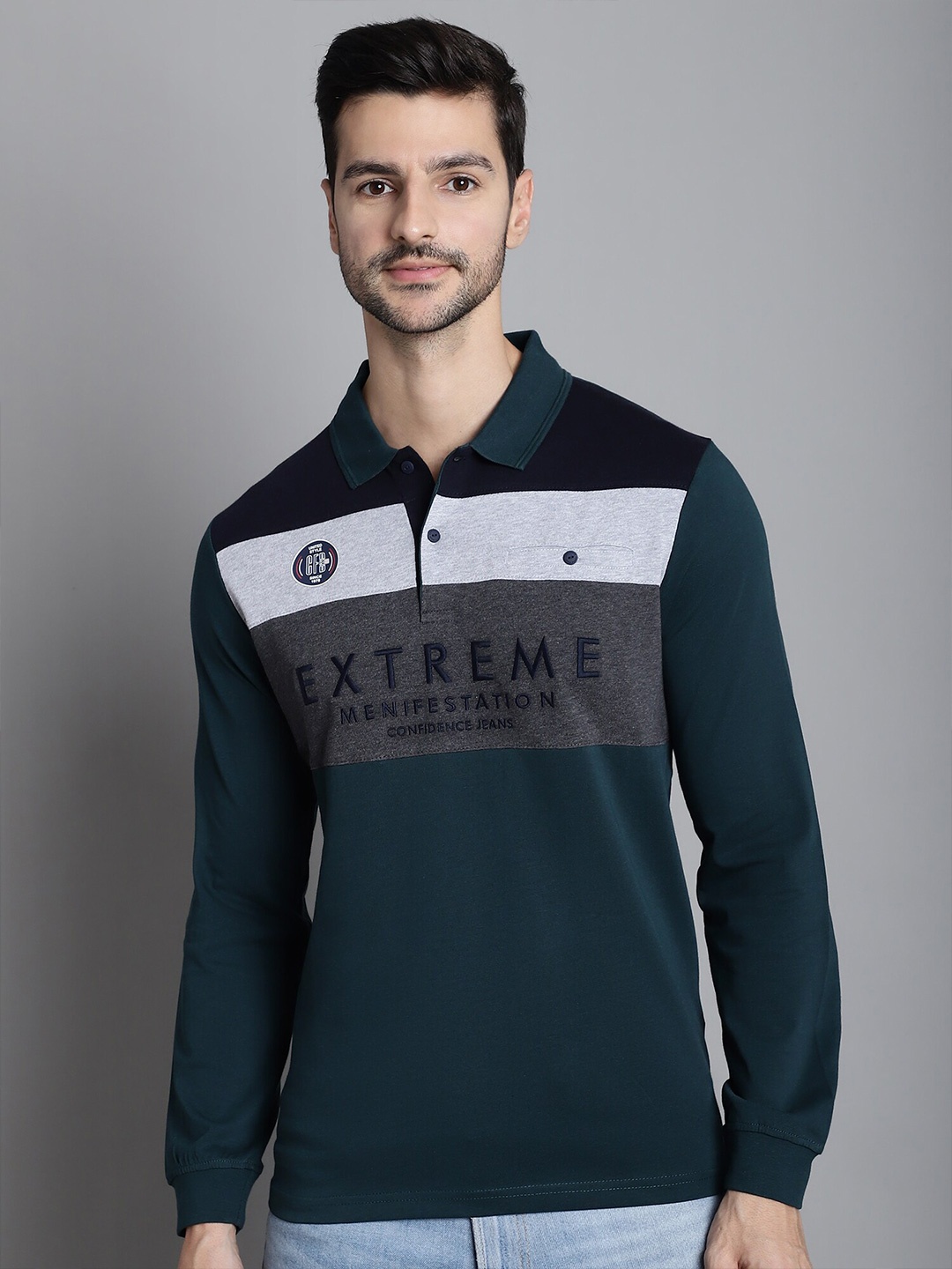 

CONFIDENCE Typography Printed Slim Fit Polo Collar Long Sleeves Cotton T-shirt, Teal