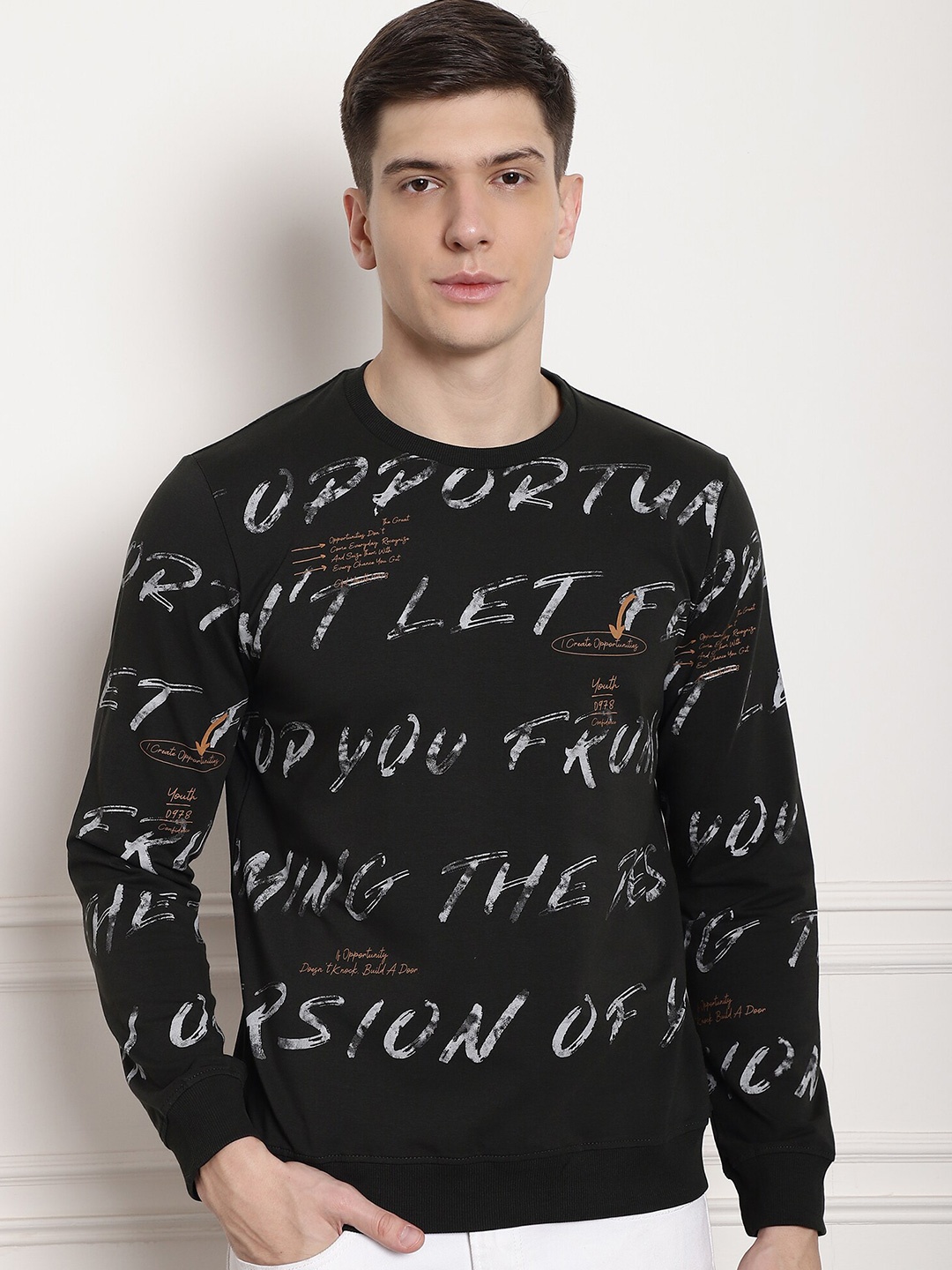 

CONFIDENCE Typography Printed Slim Fit Long Sleeves Cotton T-shirt, Green