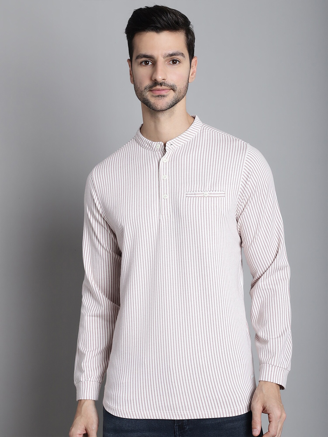 

CONFIDENCE Striped Mandarin Collar Long Sleeves Cotton T-shirt, Purple