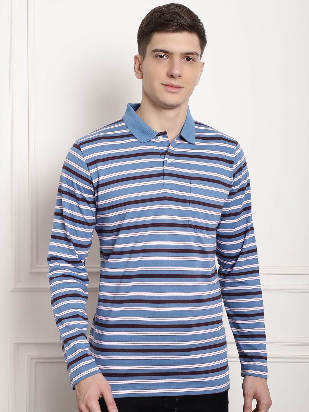 

CONFIDENCE Striped Polo Collar Long Sleeves Cotton T-shirt, Blue