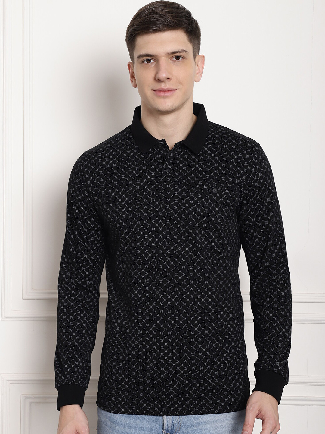 

CONFIDENCE Geometric Printed Slim Fit Polo Collar Long Sleeves Cotton T-shirt, Black