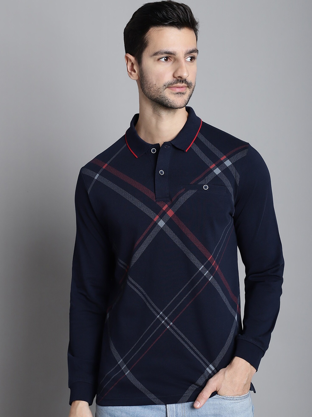 

CONFIDENCE Checked Polo Collar Slim Fit Cotton T-shirt, Navy blue
