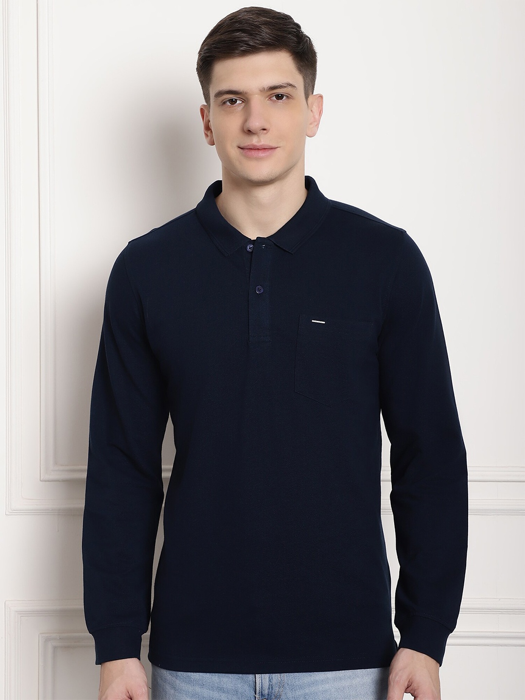 

CONFIDENCE Polo Collar Long Sleeves Cotton T-shirt, Blue