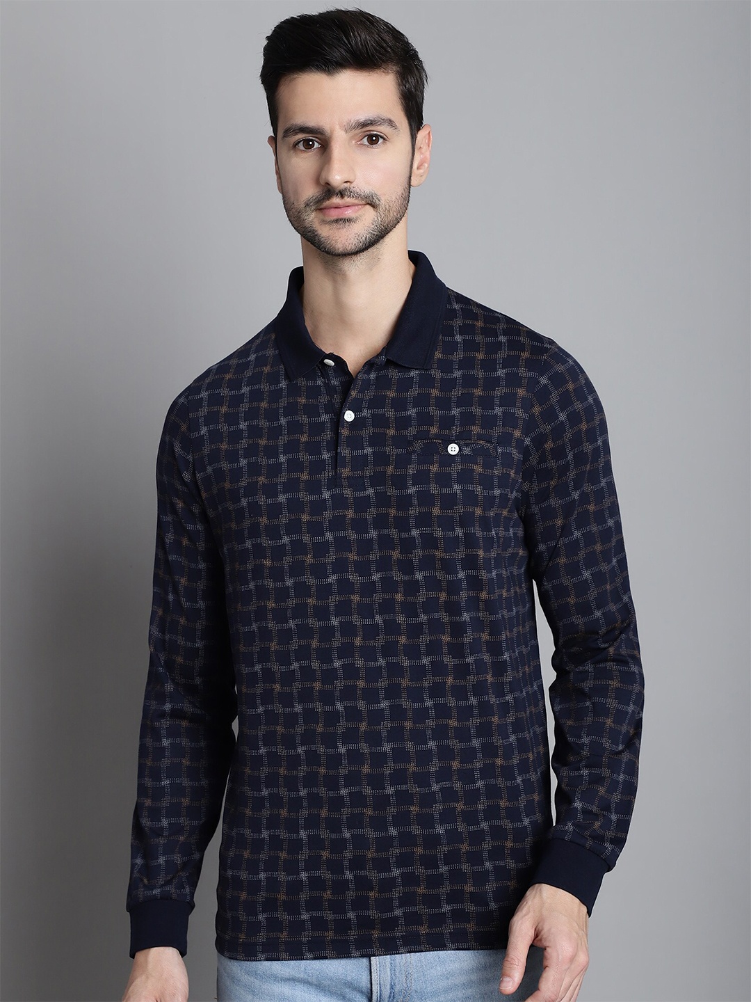 

CONFIDENCE Geometric Printed Polo Collar Long Sleeves Slim Fit Cotton T-shirt, Navy blue