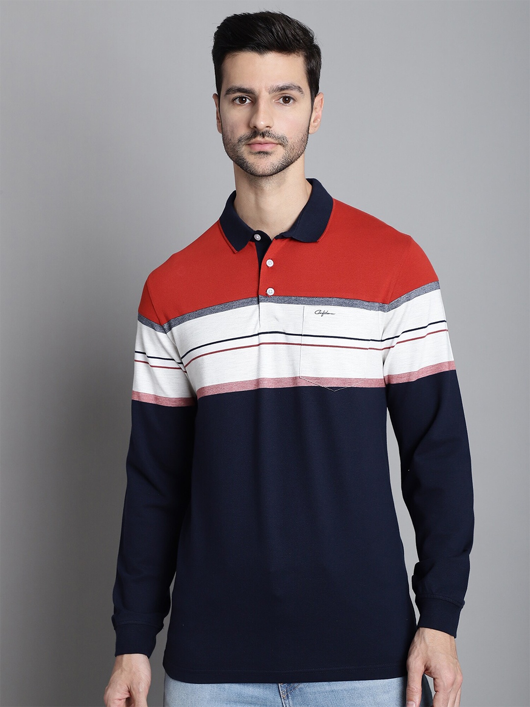 

CONFIDENCE Colourblocked Polo Collar Long Sleeves Cotton T-shirt, Navy blue