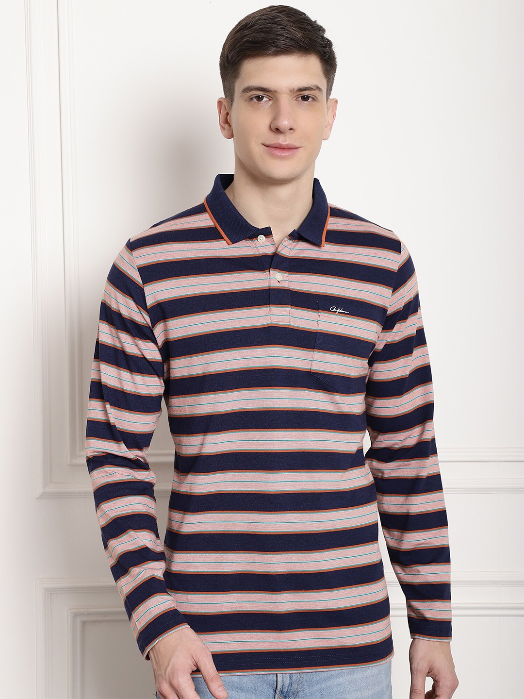 

CONFIDENCE Striped Polo Collar Cotton T-shirt, Navy blue