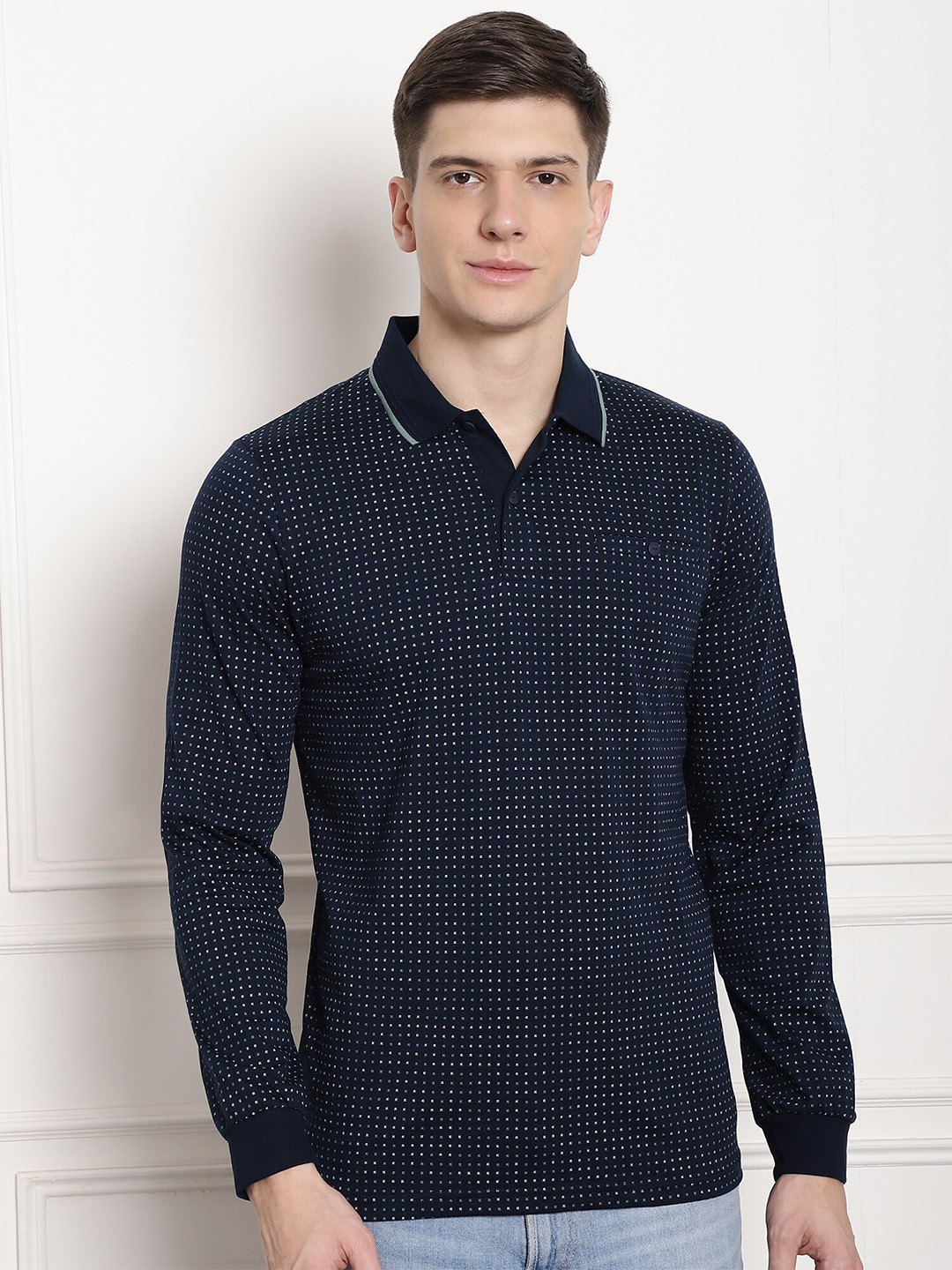 

CONFIDENCE Micro Ditsy Printed Polo Collar Slim Fit Cotton T-shirt, Navy blue