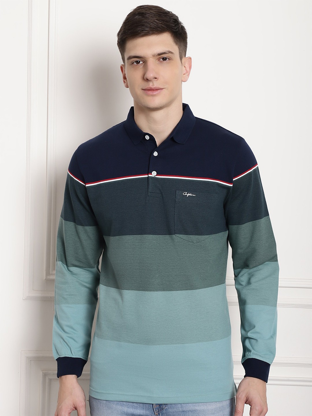 

CONFIDENCE Colourblocked Polo Collar Cotton T-shirt, Navy blue