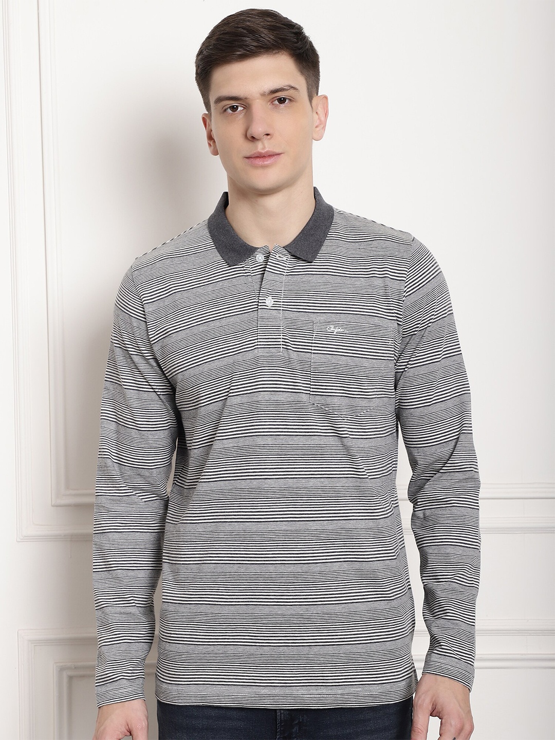 

CONFIDENCE Striped Polo Collar Cotton T-shirt, Grey