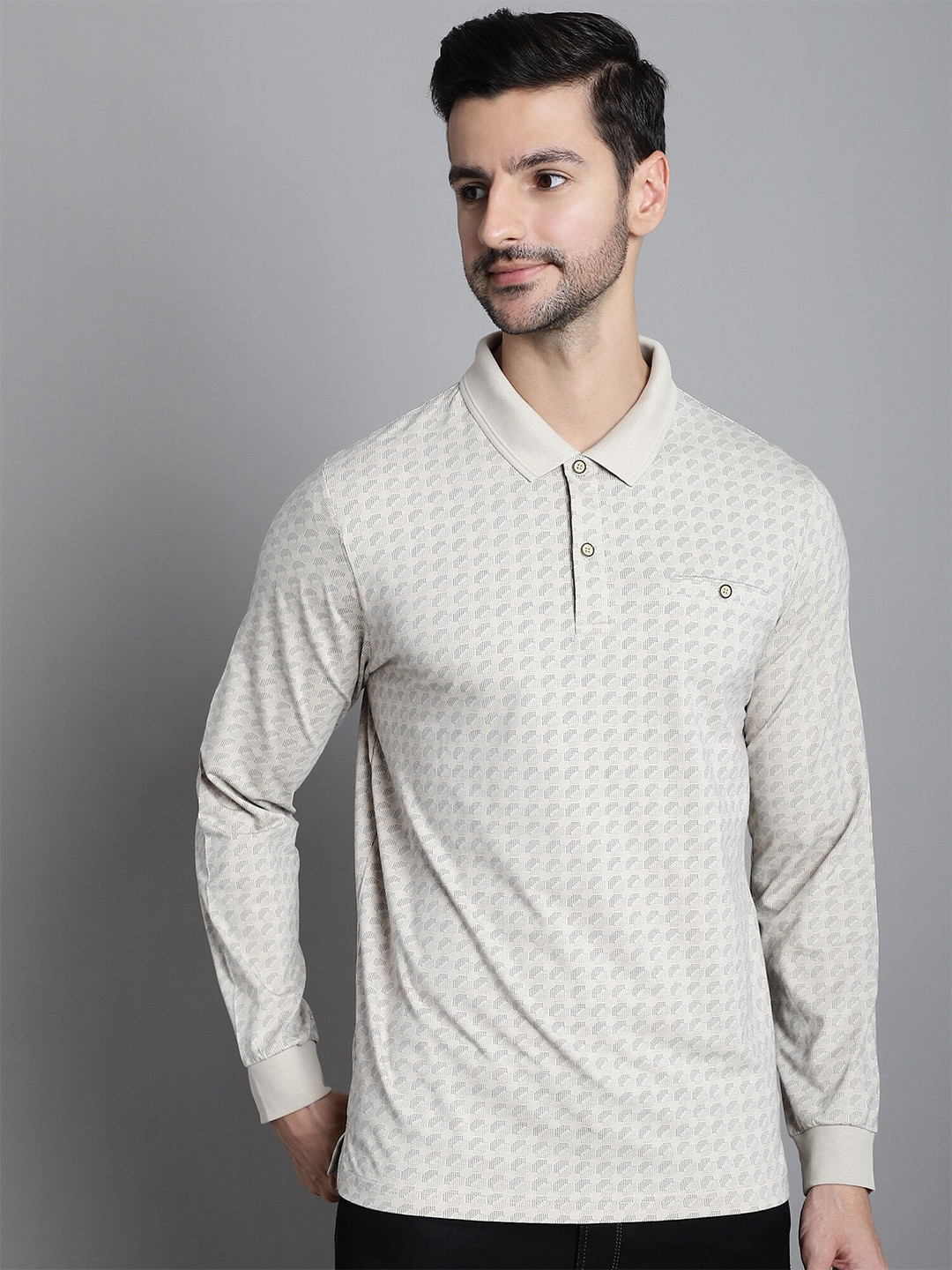 

CONFIDENCE Micro Ditsy Printed Polo Collar Cotton Slim Fit T-shirt, Grey
