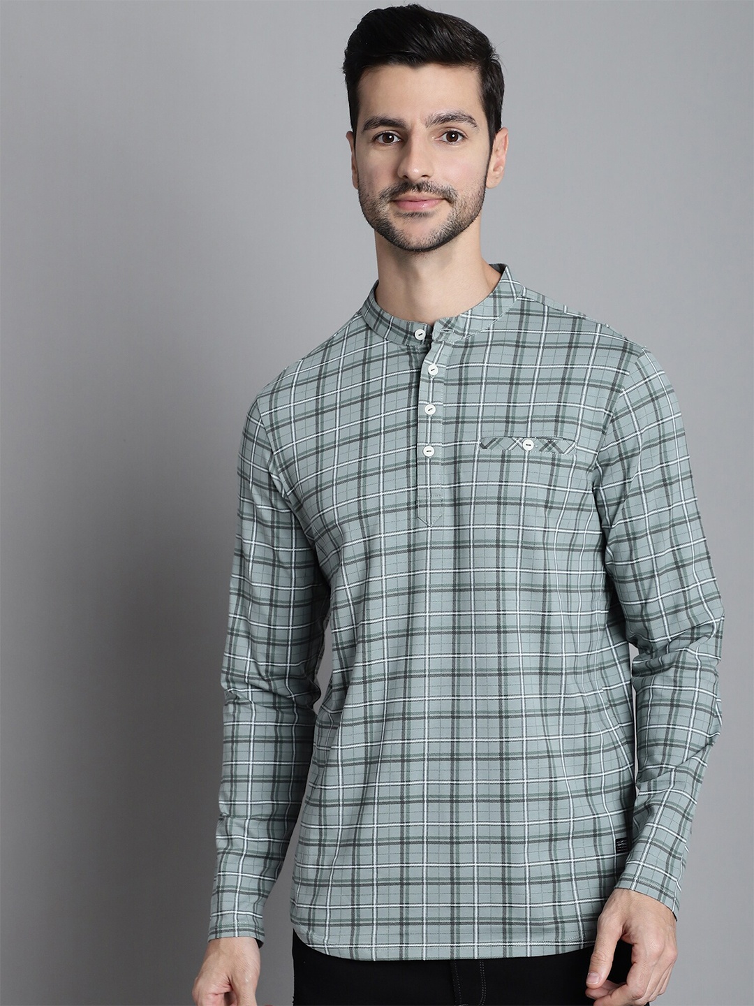 

CONFIDENCE Checked Mandarin Collar Cotton T-shirt, Green