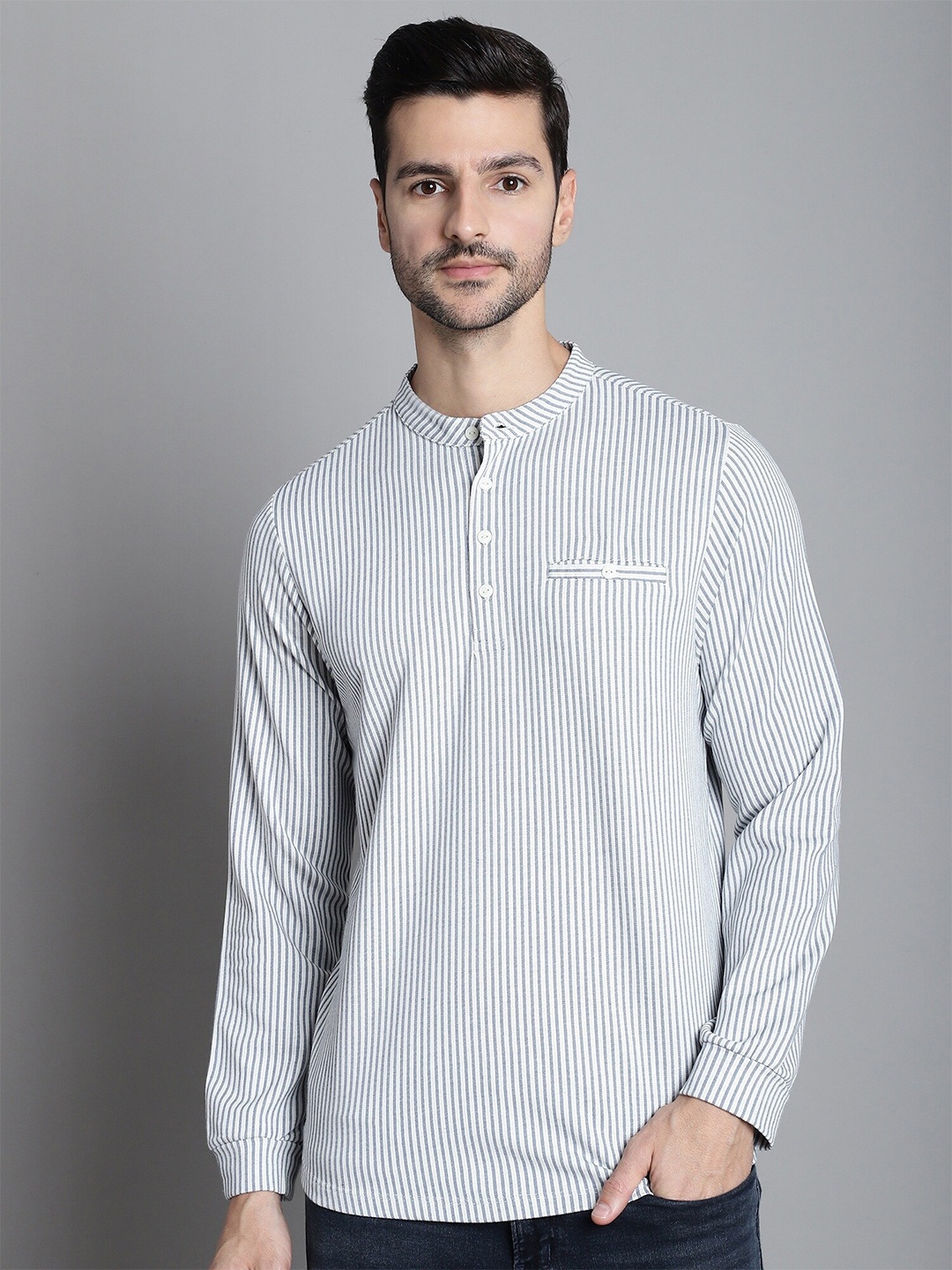 

CONFIDENCE Striped Mandarin Collar Cotton T-Shirt, Grey
