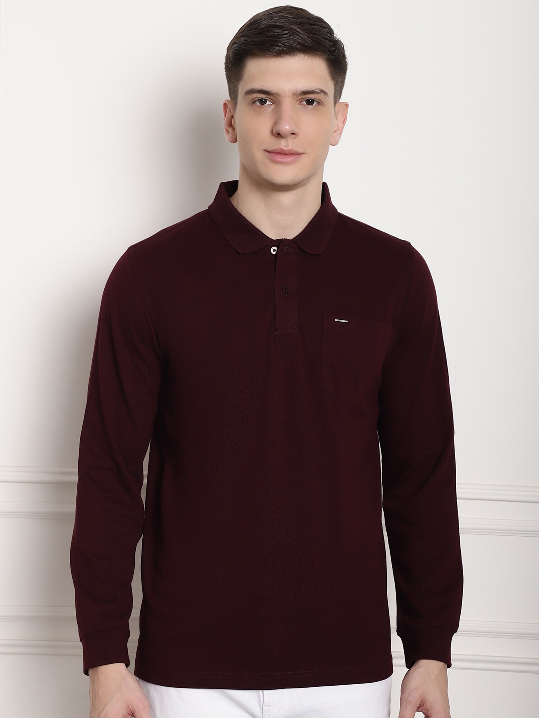 

CONFIDENCE Polo Collar Long Sleeves Cotton T-shirt, Brown