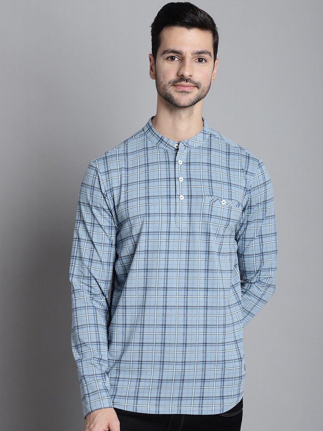

CONFIDENCE Checked Band Collar Cotton Short Kurta, Blue