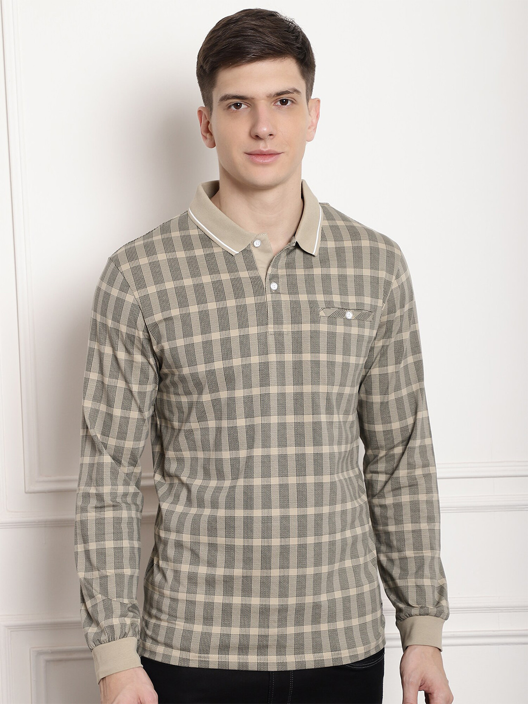 

CONFIDENCE Checked Polo Collar Slim Fit Cotton T-shirt, Grey
