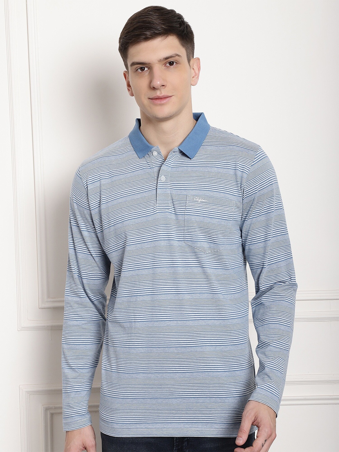 

CONFIDENCE Striped Polo Collar Cotton T-shirt, Blue