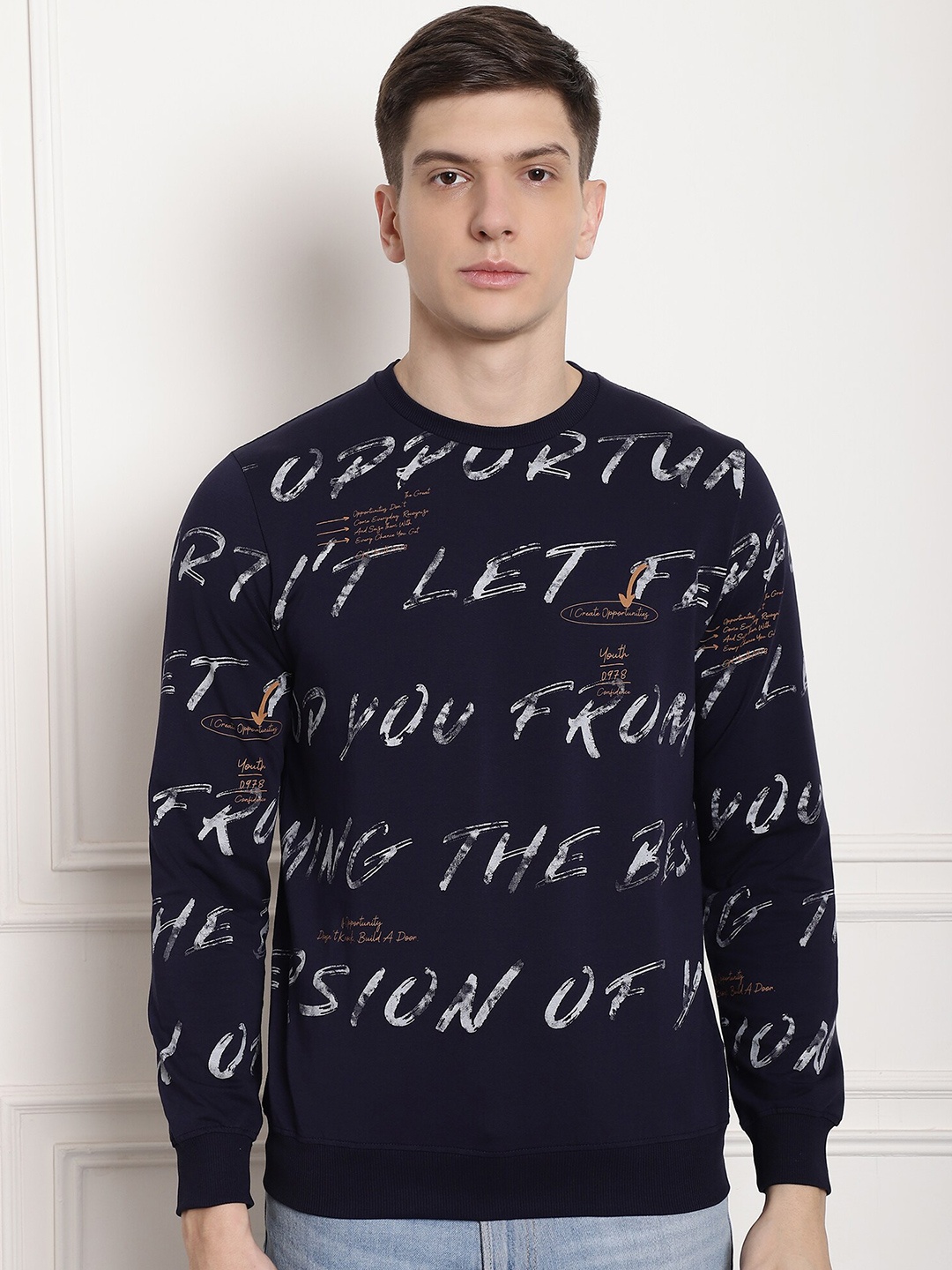 

CONFIDENCE Typography Printed Cotton Pullover Sweatshirt, Navy blue