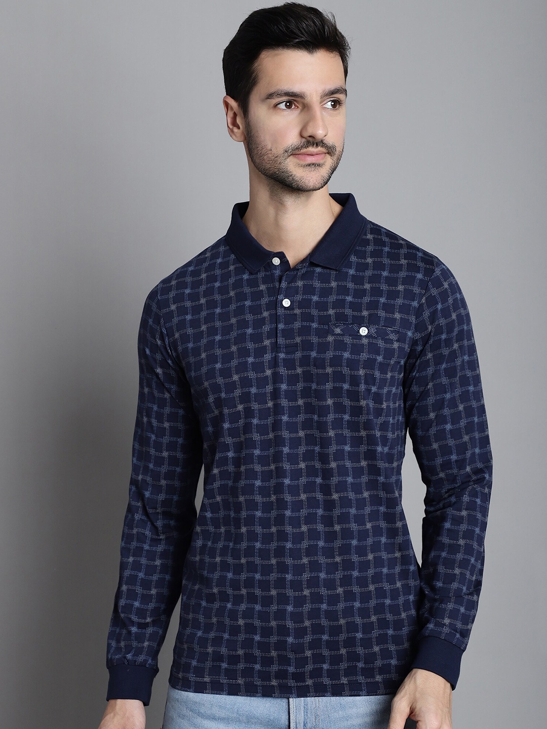 

CONFIDENCE Geometric Printed Polo Collar Slim Fit Cotton T-shirt, Navy blue