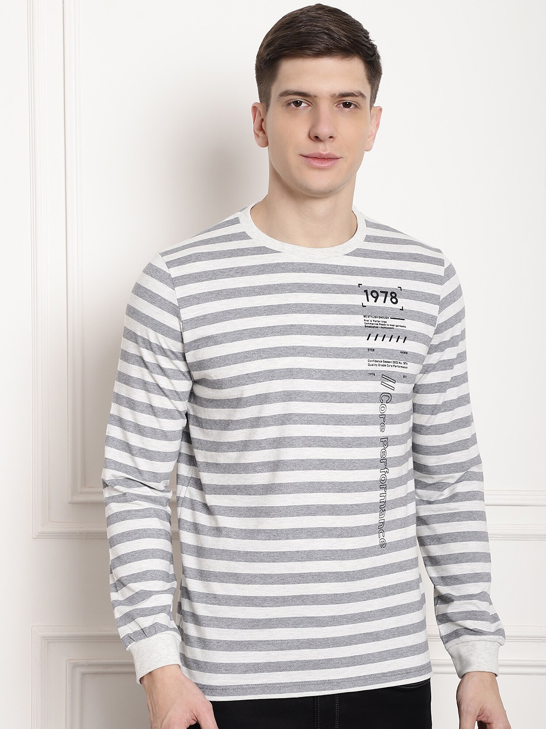 

CONFIDENCE Striped Slim Fit Cotton T-shirt, Grey