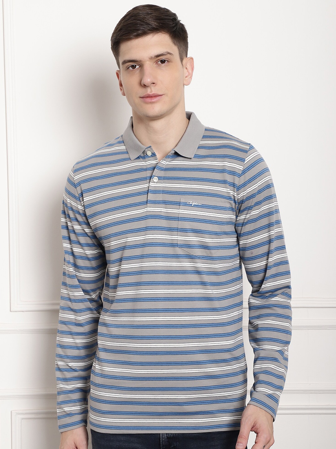 

CONFIDENCE Colourblocked Polo Collar Long Sleeves Pockets Cotton Regular T-shirt, Grey