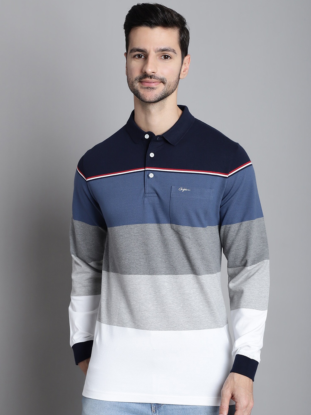 

CONFIDENCE Colourblocked Polo Collar Long Sleeves Pockets Cotton Regular T-shirt, Navy blue