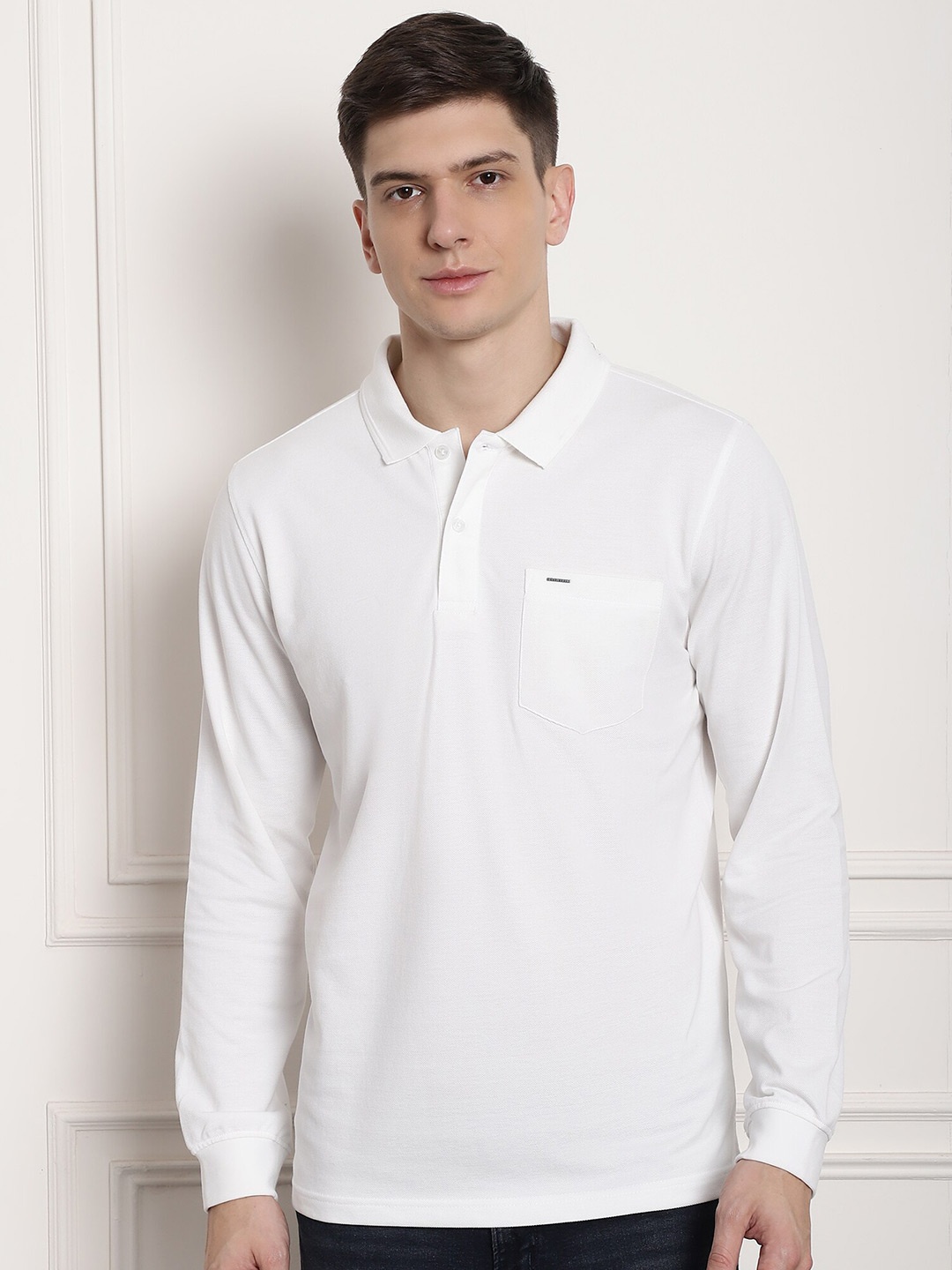 

CONFIDENCE Polo Collar Long Sleeves Pockets Cotton Regular T-shirt, White