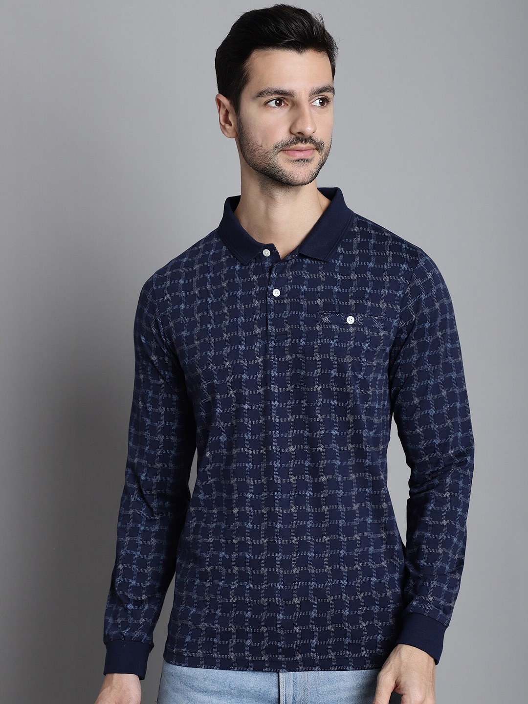 

CONFIDENCE Geometric Printed Polo Collar Long Sleeves Pockets Cotton Slim Fit T-shirt, Navy blue