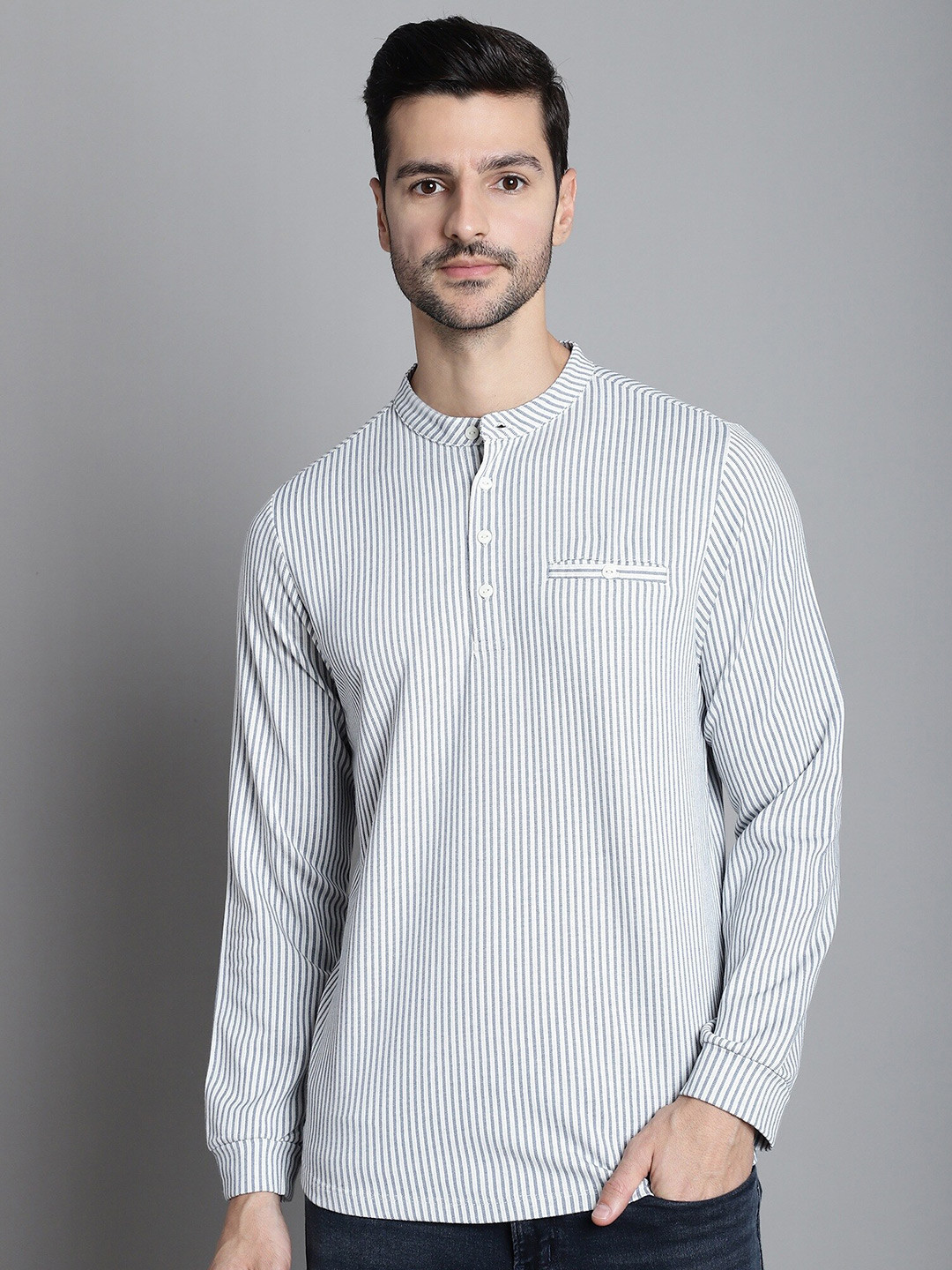 

CONFIDENCE Striped Henley Neck Cotton T-shirt, Grey