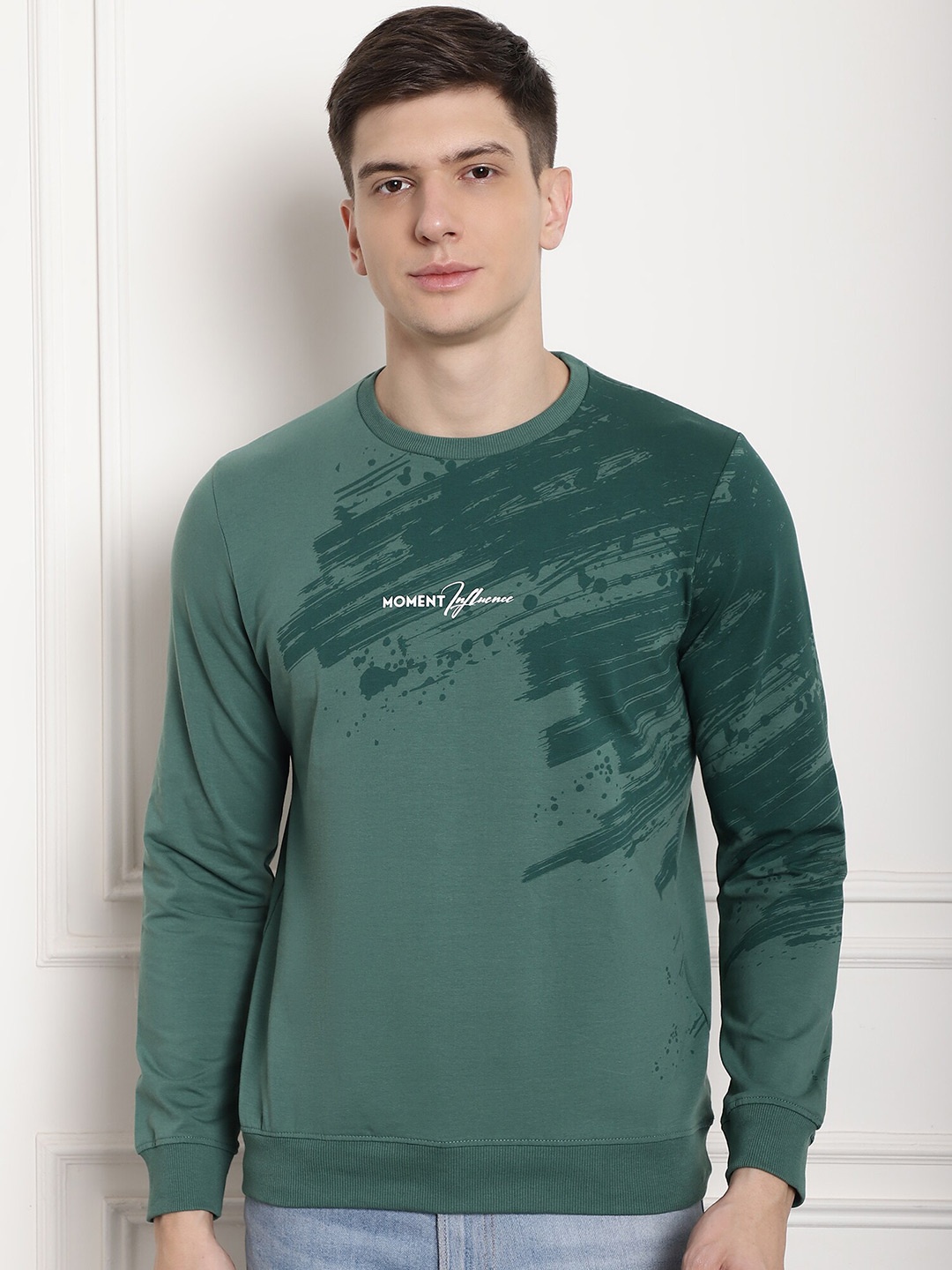 

CONFIDENCE Abstract Printed Long Sleeves Slim Fit Cotton T-shirt, Green