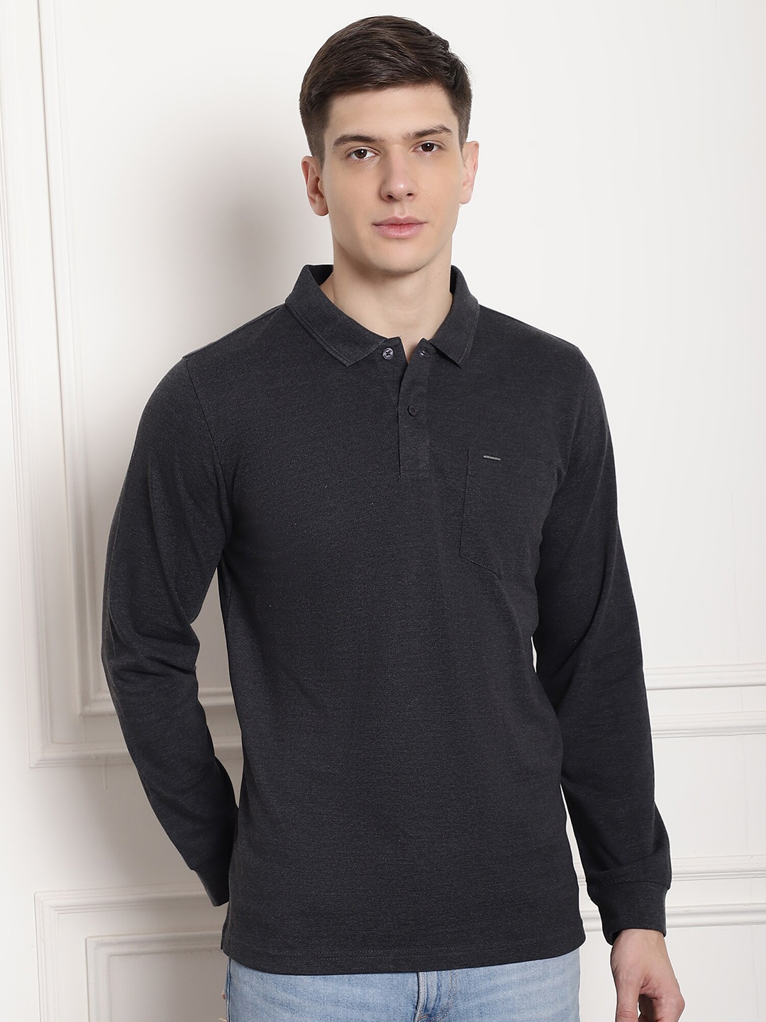 

CONFIDENCE Polo Collar Long Sleeves Cotton T-shirt, Charcoal