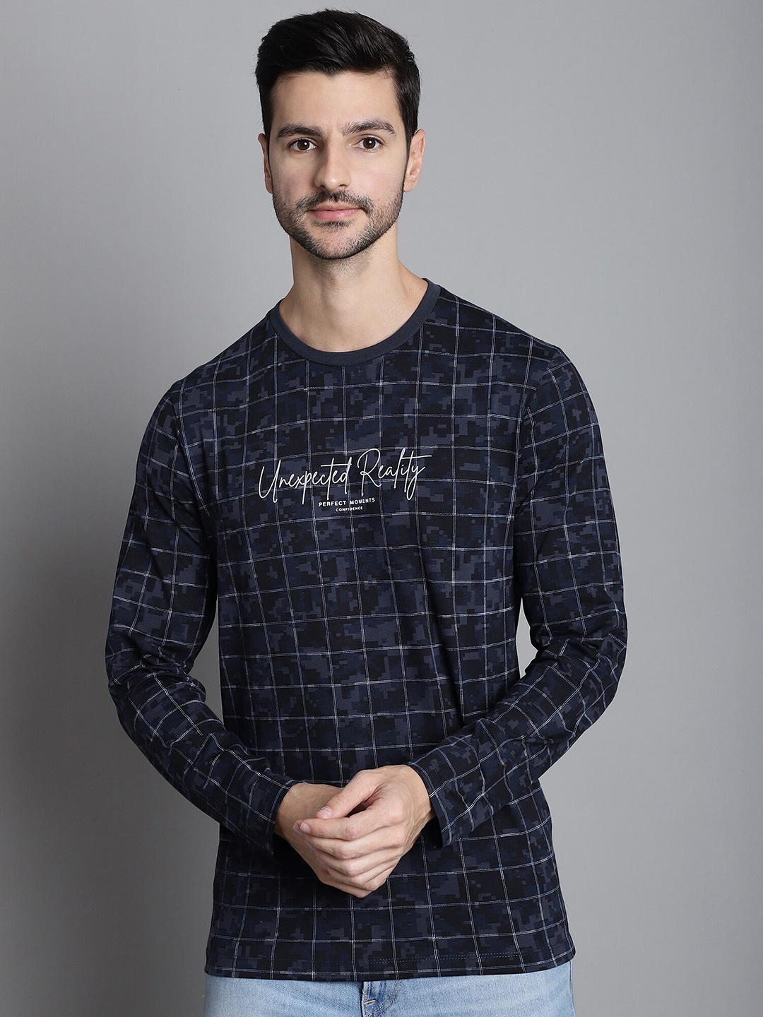 

CONFIDENCE Checked Long Sleeves Slim Fit Cotton T-shirt, Navy blue