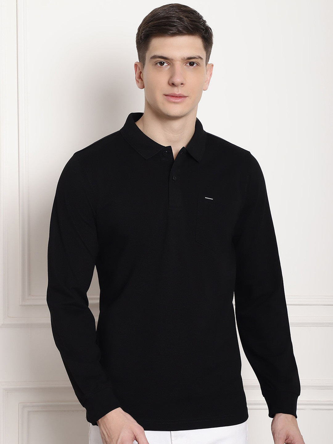 

CONFIDENCE Polo Collar Long Sleeves Slim Fit Cotton T-shirt, Black