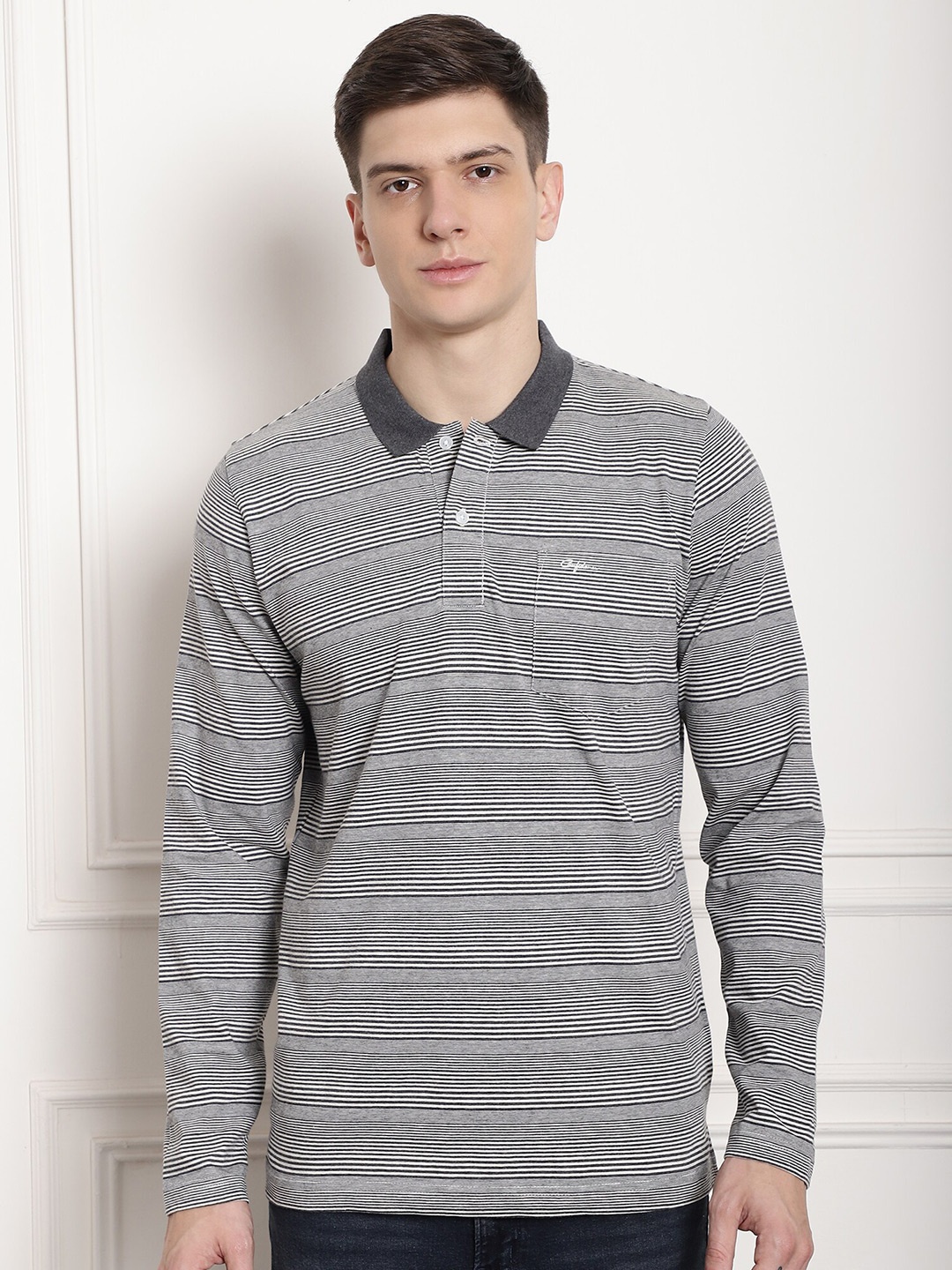 

CONFIDENCE Striped Polo Collar Cotton T-shirt, Grey