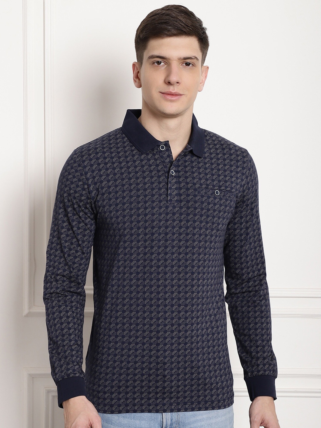 

CONFIDENCE Printed Polo Collar Slim Fit Cotton T-shirt, Navy blue