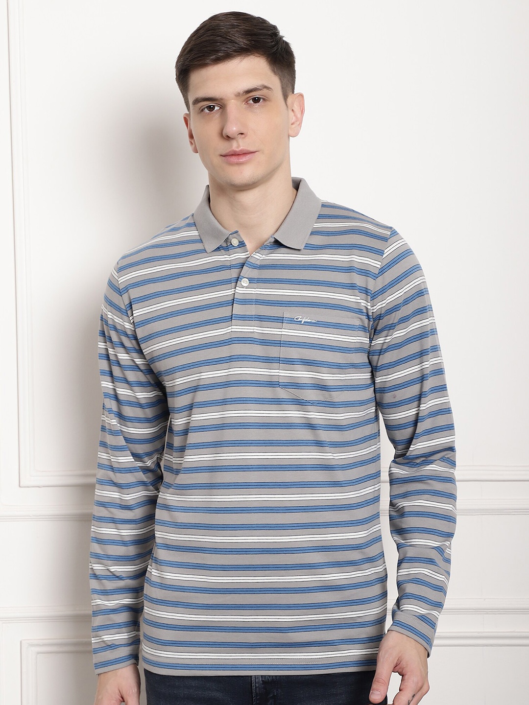 

CONFIDENCE Striped Polo Collar Cotton T-shirt, Grey