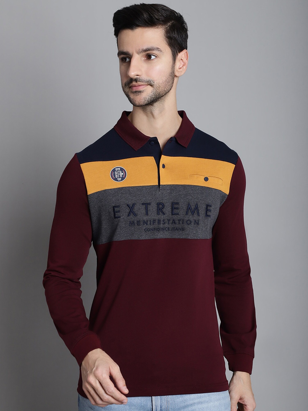 

CONFIDENCE Typography Printed Polo Collar Slim Fit Cotton T-shirt, Brown