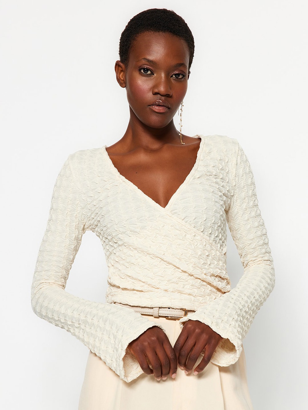 

Trendyol Self Design Long Sleeves Wrap Top, Beige