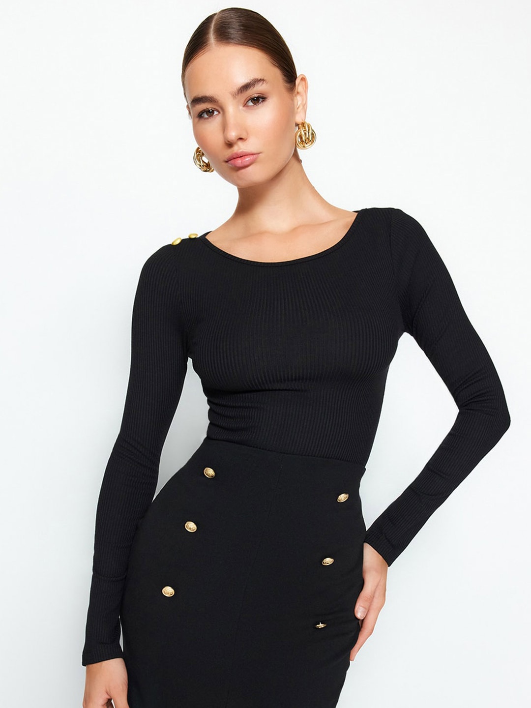 

Trendyol Slit Sleeves Ribbed Fitted Top, Black