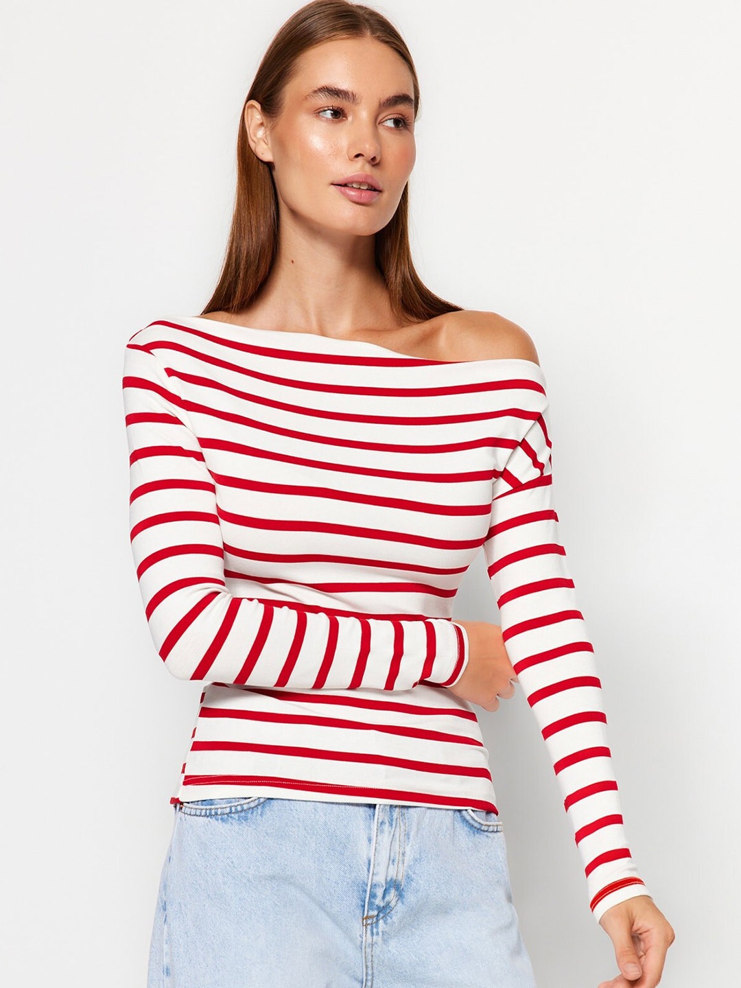 

Trendyol Striped Off Shoulder Top, White