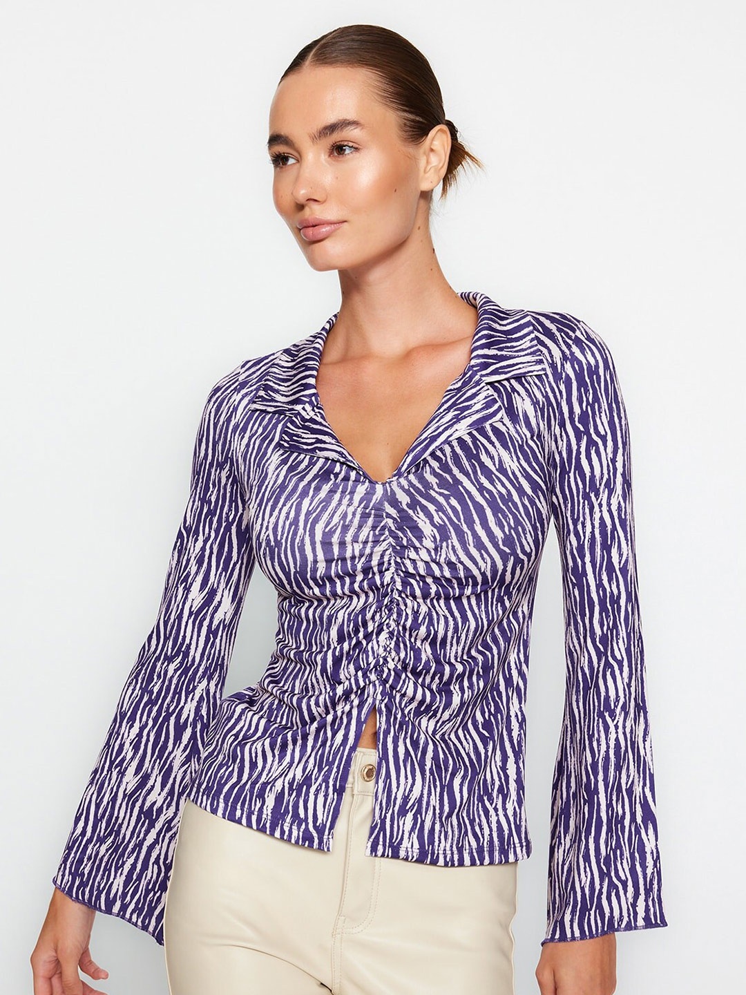 

Trendyol Abstract Printed Ruched Bell Sleeves Shirt Style Top, Blue