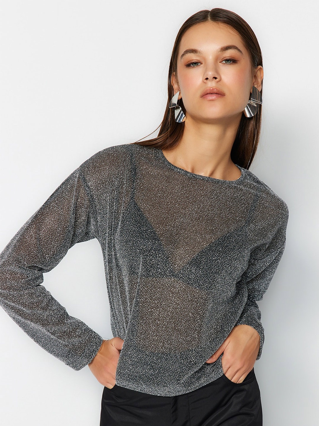 

Trendyol Semi Sheer Bling & Sparkly Top, Silver