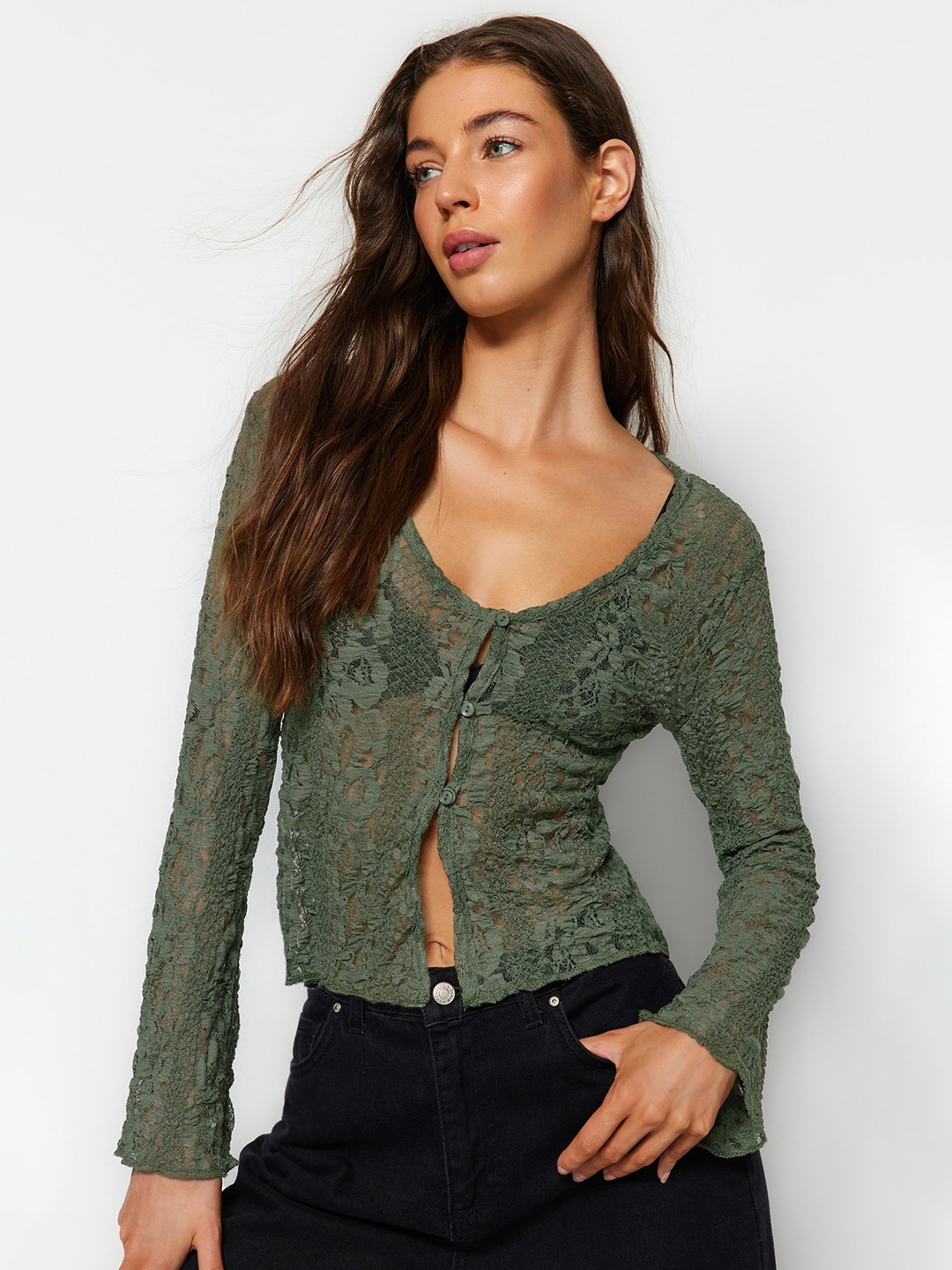 

Trendyol Self Design Scoop Neck Semi Sheer Lace Shirt Style Top, Olive